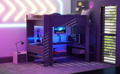 Full Wood Gaming Loft Bed Frame With Desk LED Charging Station - Omega Lifestyles