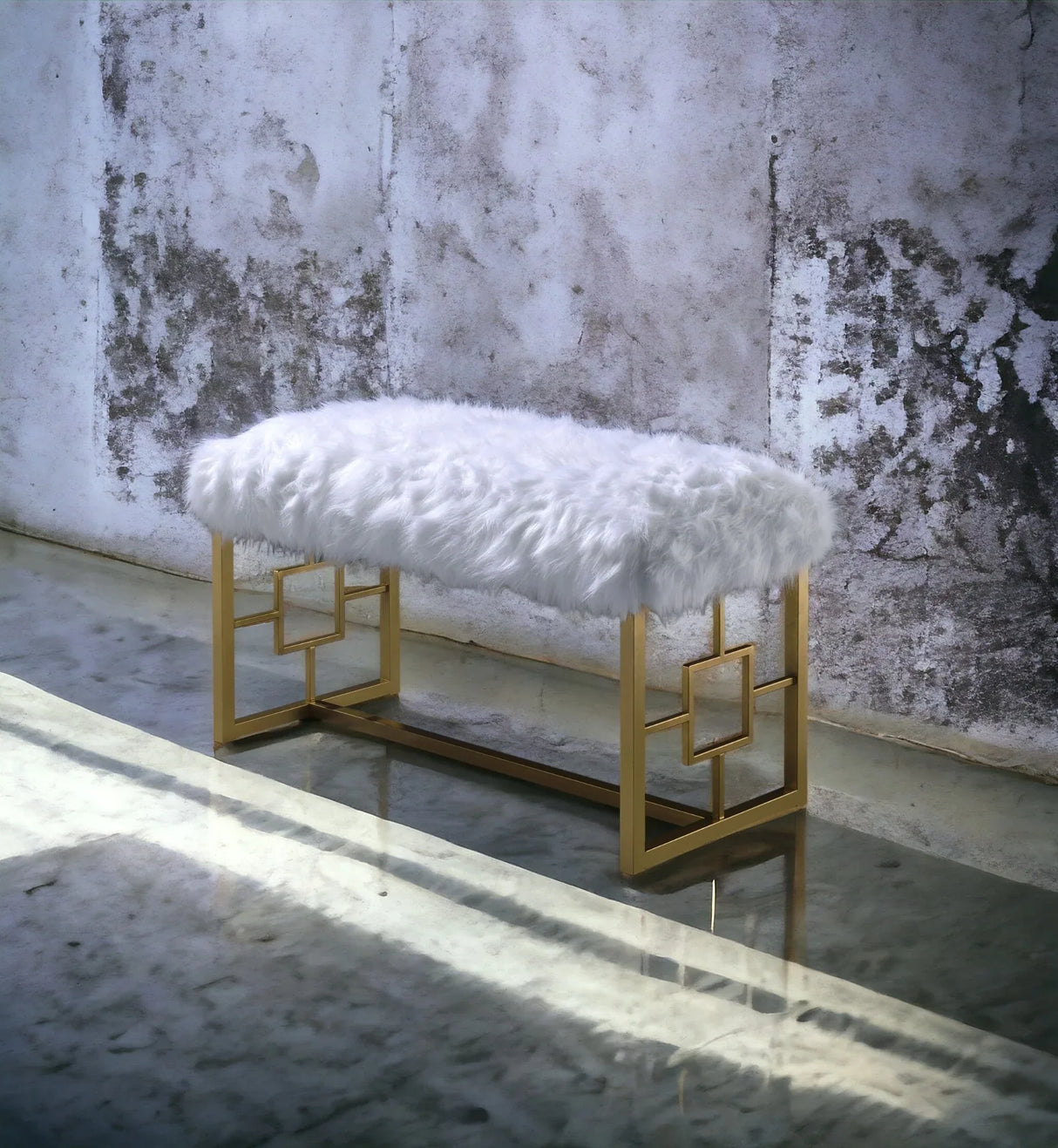 White Faux Fur Upholstered Metal Armless Lounge Bench - Omega Lifestyles