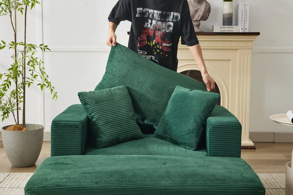 Green Corduroy Chaise Lounge Chair With Ottoman - Omega Lifestyles