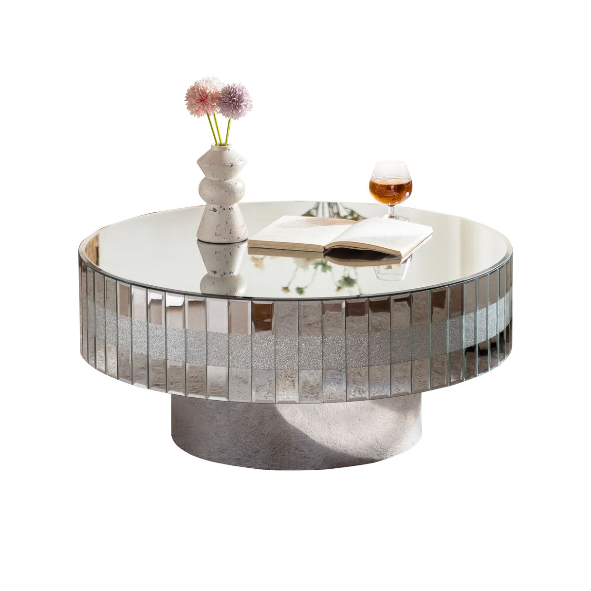 Round Mirrored Crystal Edge Silver Coffee Table - Omega Lifestyles