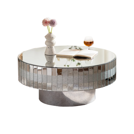 Round Mirrored Crystal Edge Silver Coffee Table - Omega Lifestyles