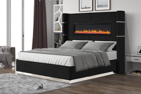 Modern Queen Wood Velvet Upholstered Bed Frame With Fireplace - Omega Lifestyles
