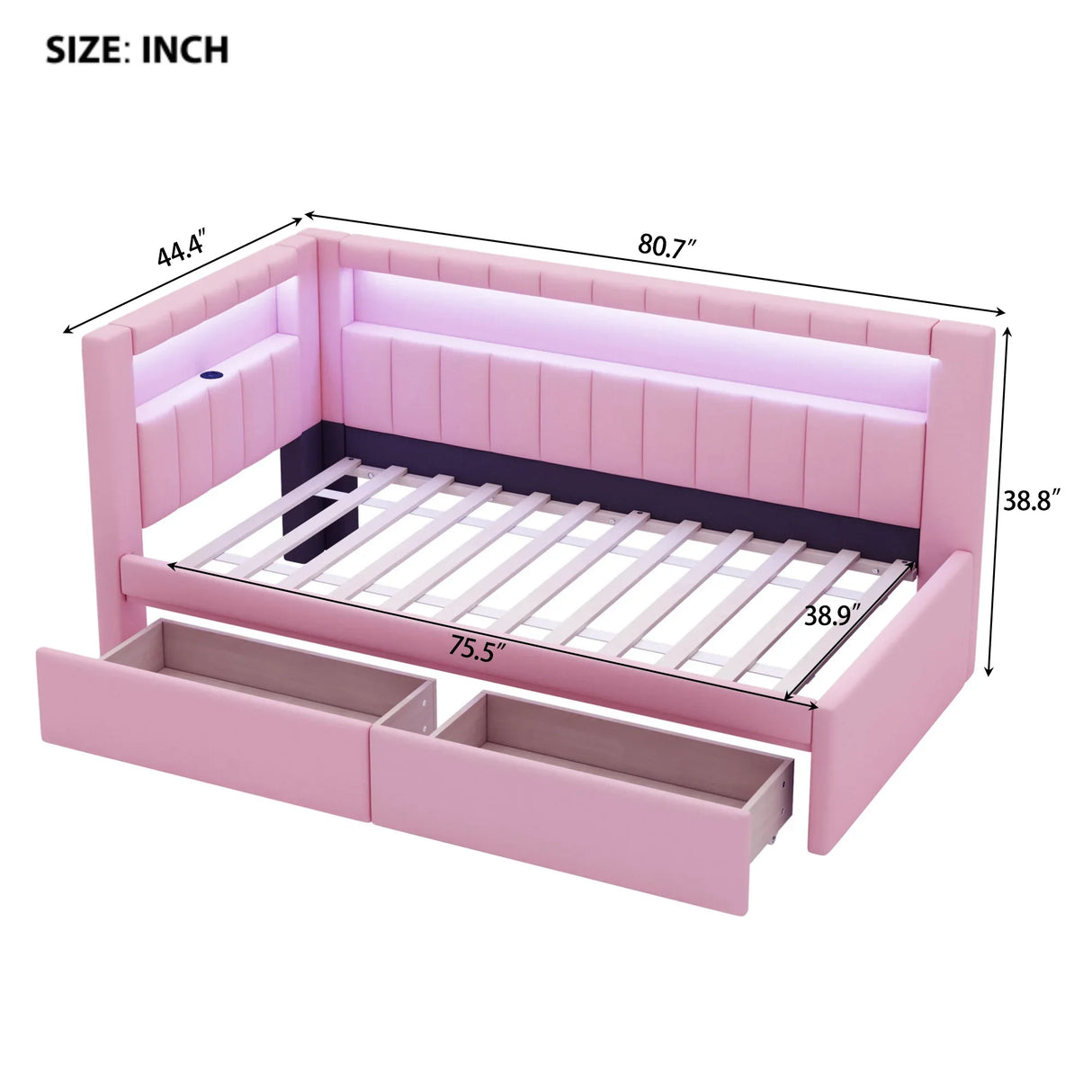 Twin Pink Upholstered Platform Bed Frame With USB Ports And LED - Omega Lifestyles