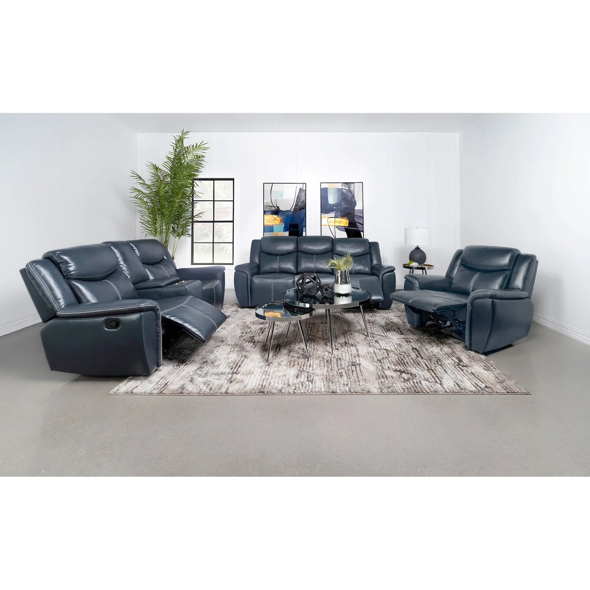 Blue Upholstered Motion Reclining Loveseat With Console - Omega Lifestyles