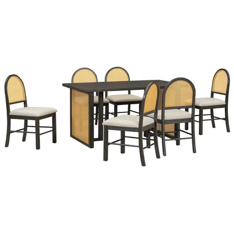 7-Piece Farmhouse Dining Table Set With Rattan Chairs - Omega Lifestyles