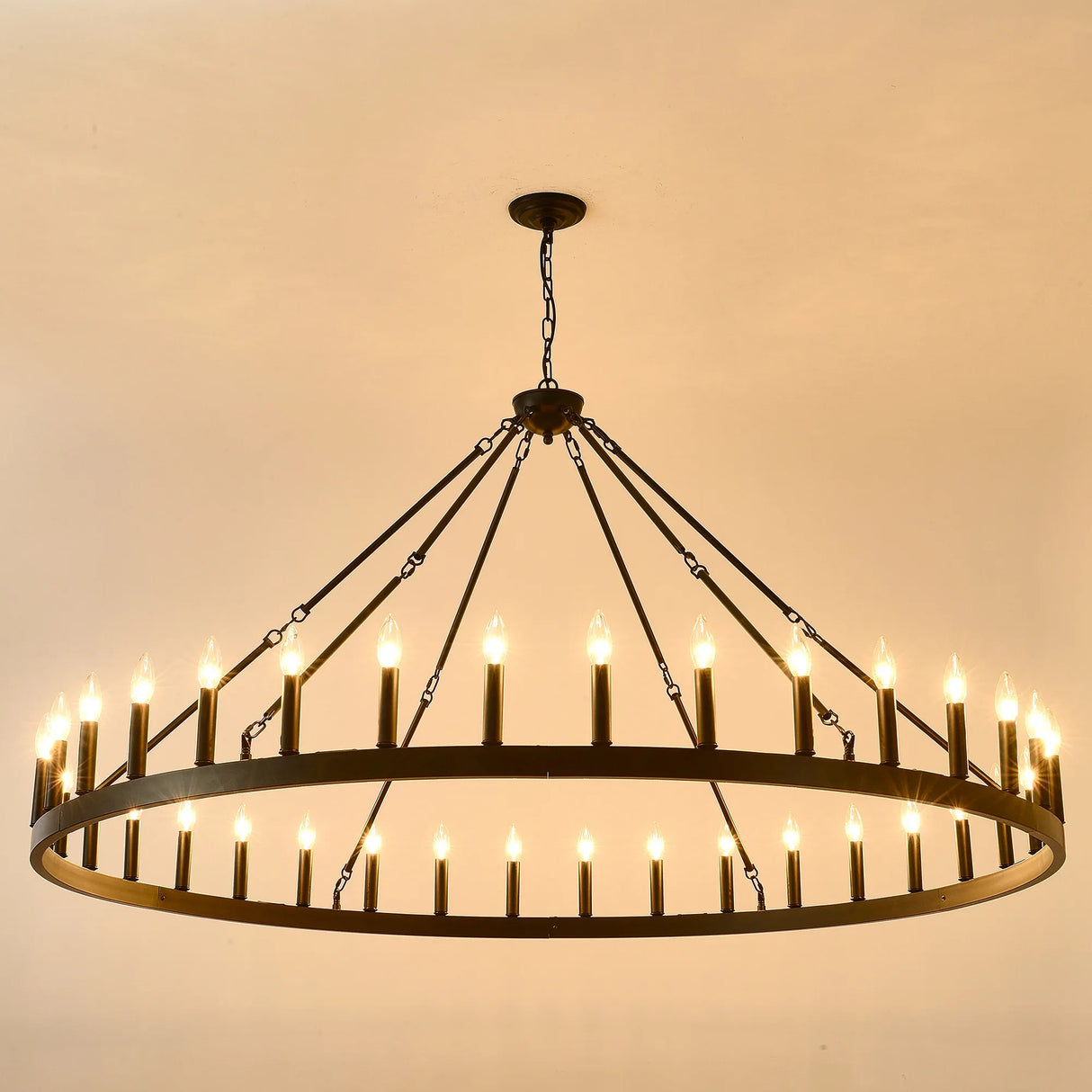 Farmhouse Matte Black Wagon Wheel Chandelier 36-Light 64-Inch - Omega Lifestyles
