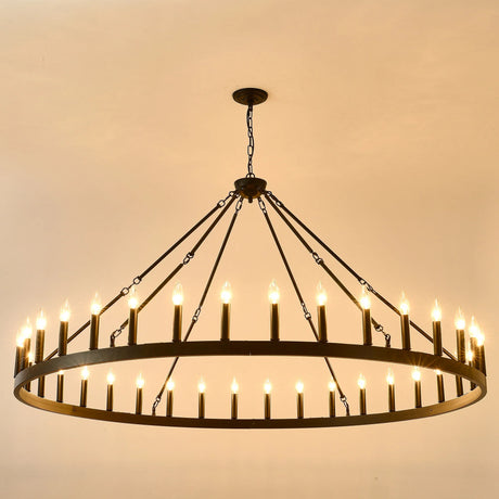 Farmhouse Matte Black Wagon Wheel Chandelier 36-Light 64-Inch - Omega Lifestyles