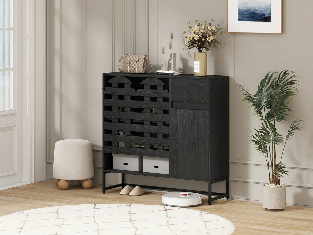 Black Woven Door Buffet Cabinet With Adjustable Storage - Omega Lifestyles