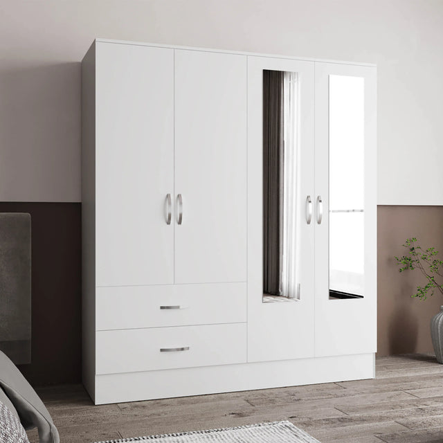 White Engineered Wood 4-Door Wardrobe Armoire - Omega Lifestyles