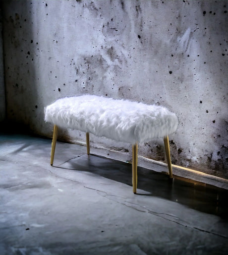 White Faux Fur Armless Backless Gold Finish Bench - Omega Lifestyles