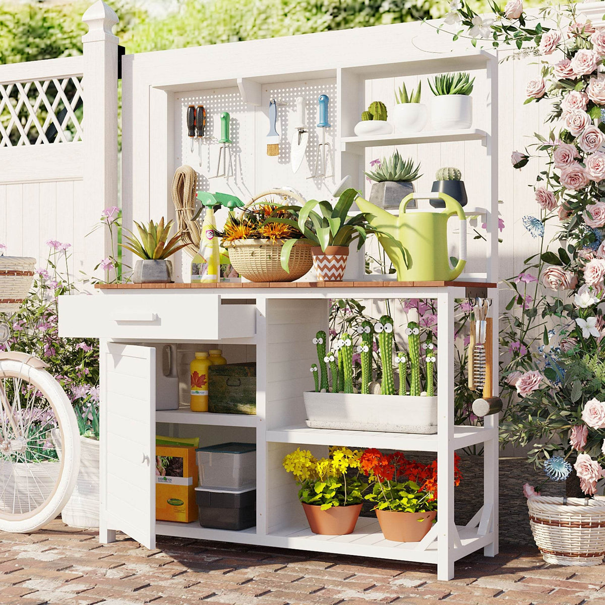 Rustic Fir Wood Potting Bench With Hutch and Storage