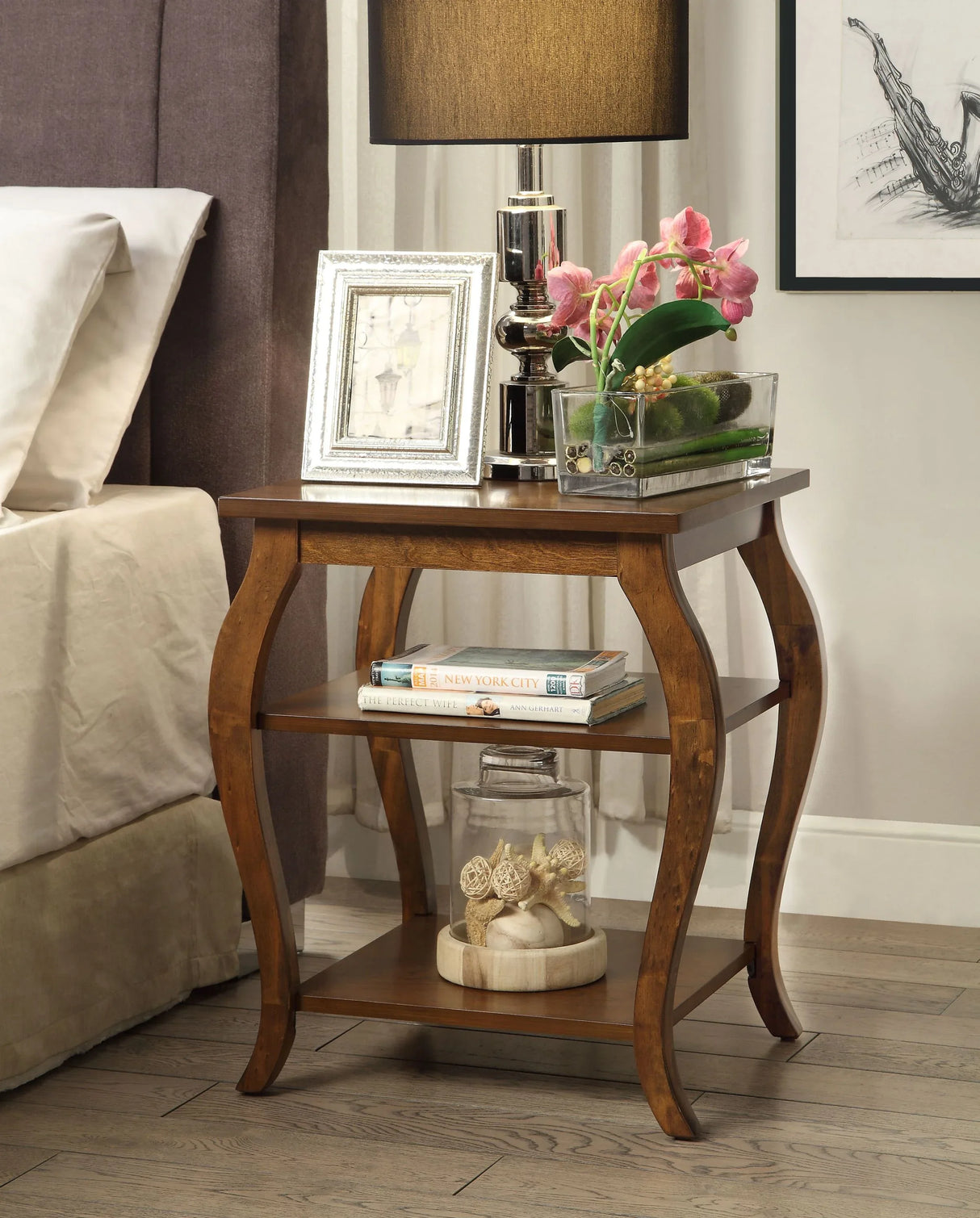 Walnut Finish Square Leg Accent Table With Storage Shelves - Omega Lifestyles