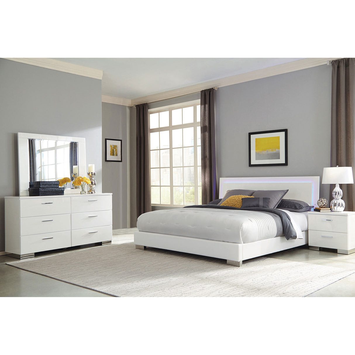 Contemporary White High Gloss King Bedroom Set With LED Lighting