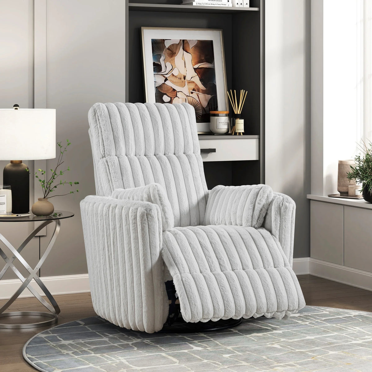 Gray Corduroy Recliner Chair With Swivel Glider And Pillows - Omega Lifestyles