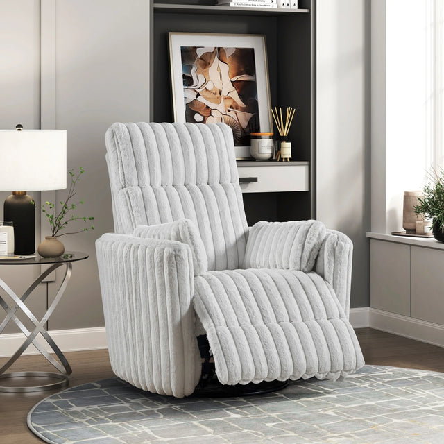 Gray Corduroy Recliner Chair With Swivel Glider And Pillows - Omega Lifestyles