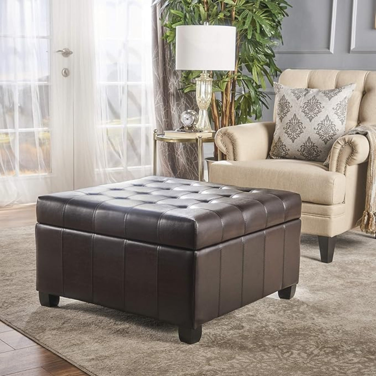 Tufted PU Leather Upholstered Storage Ottoman Brown