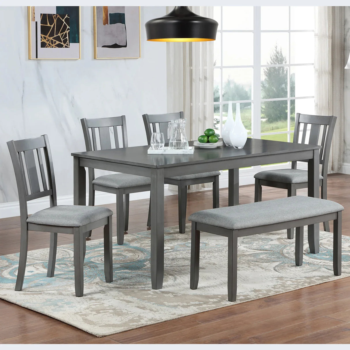 6-Piece Gray Acacia Wood Dining Table Set With Bench - Omega Lifestyles