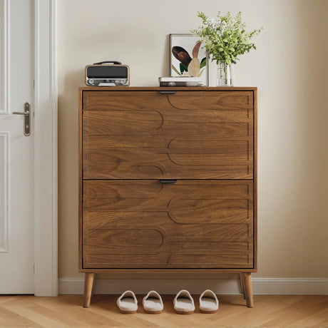 Farmhouse Walnut MDF Shoe Cabinet With Flip Drawers - Omega Lifestyles