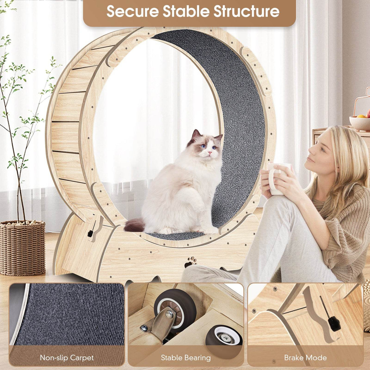 Solid Wood Indoor Cat Exercise Running Wheel - Sleep Galleria
