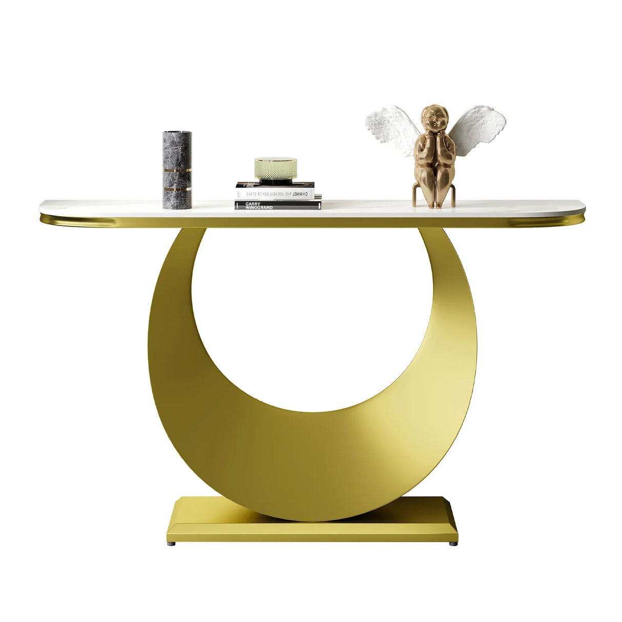 Half-Moon Faux Marble Top Gold Metal Console Table - Omega Lifestyles
