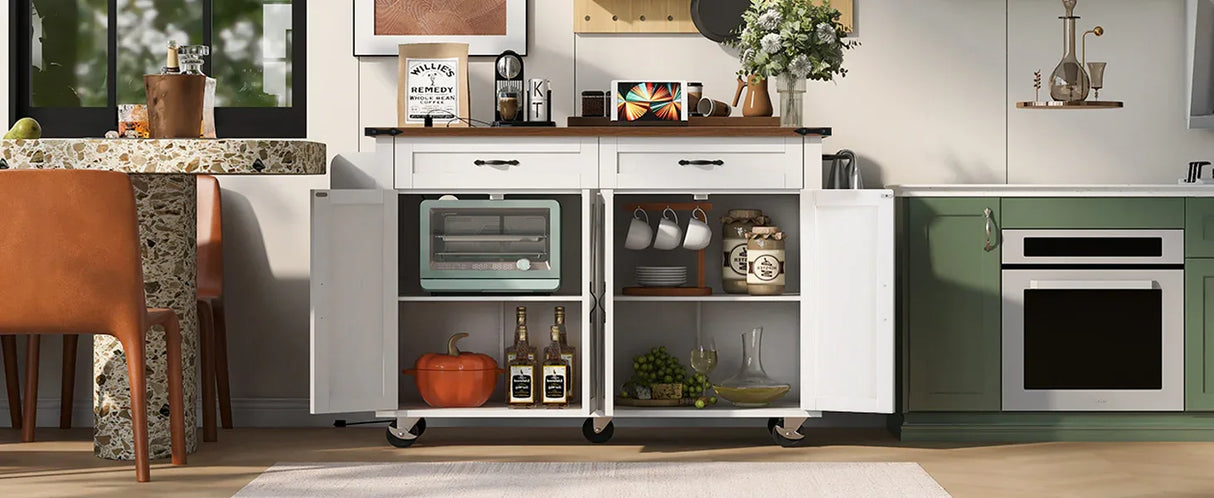 Farmhouse Style Rolling Kitchen Island With Power Outlet - Omega Lifestyles