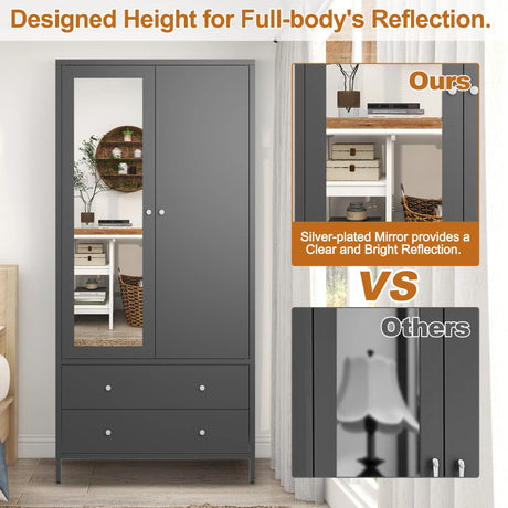Retro Steel Armoire Wardrobe Closet With Mirror And Drawers - Omega Lifestyles