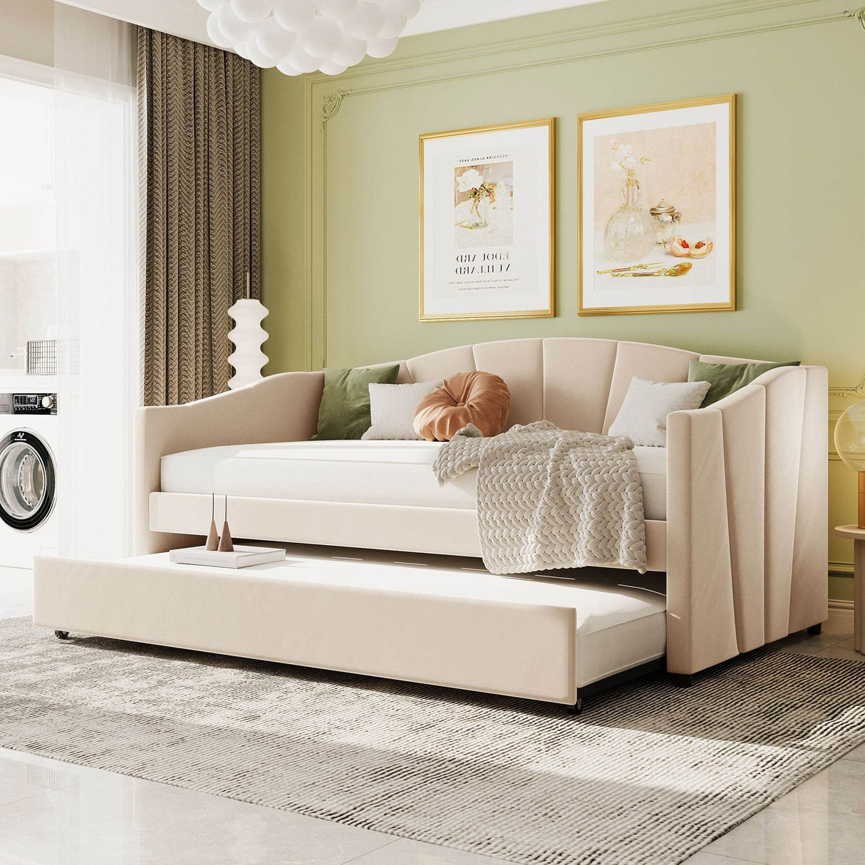 Upholstered Twin Daybed With Trundle And Wood Slats - Omega Lifestyles