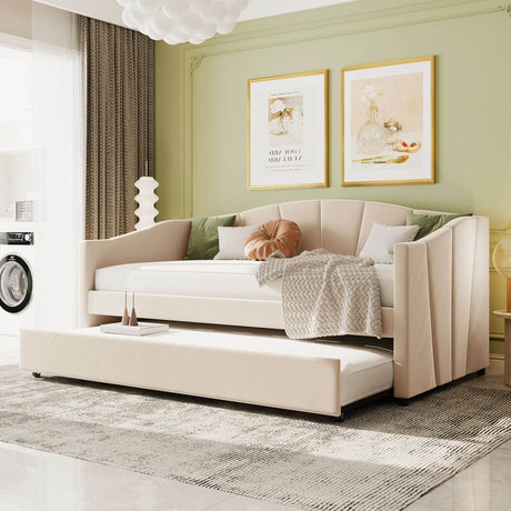 Upholstered Twin Daybed With Trundle And Wood Slats - Omega Lifestyles