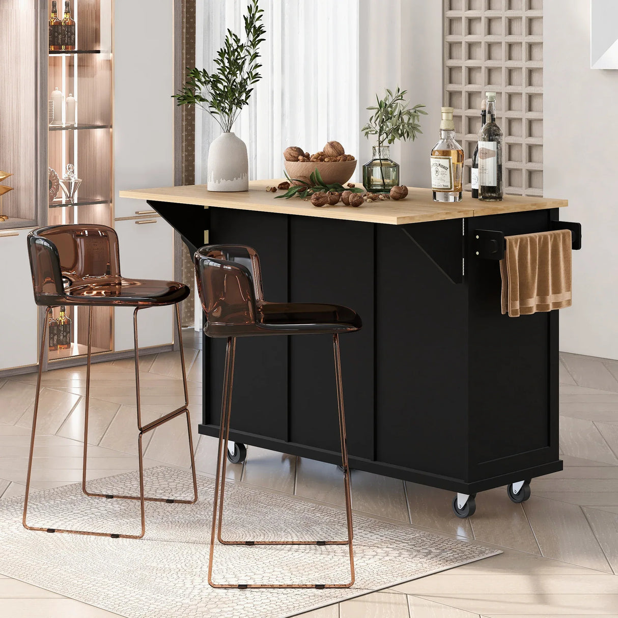 Kitchen Cart With Rubber Wood Drop-Leaf Countertop Storage - Omega Lifestyles