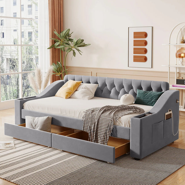 Twin Upholstered Velvet Daybed With Storage Drawers USB Ports - Omega Lifestyles
