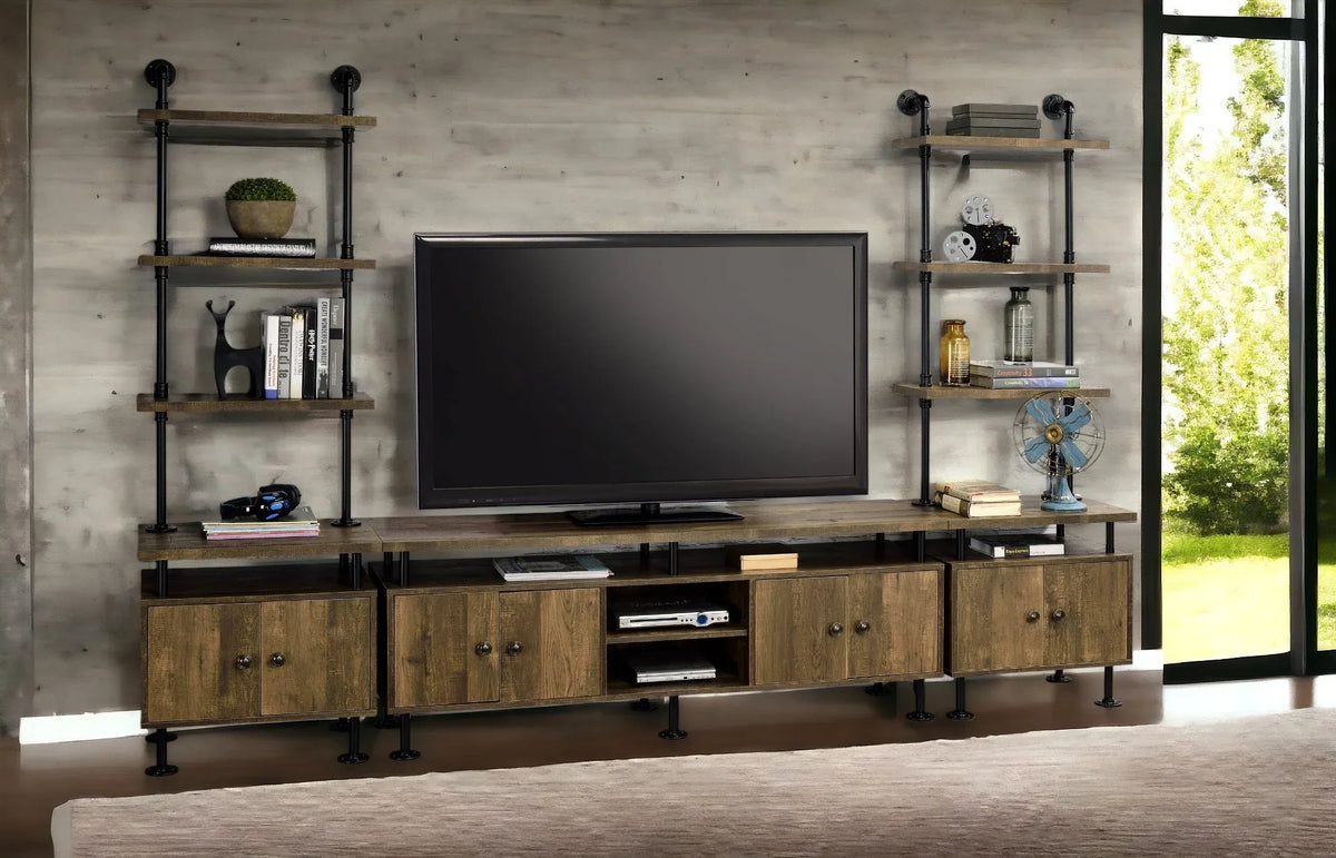 Rustic Oak Metal Frame Storage TV Stand - Omega Lifestyles