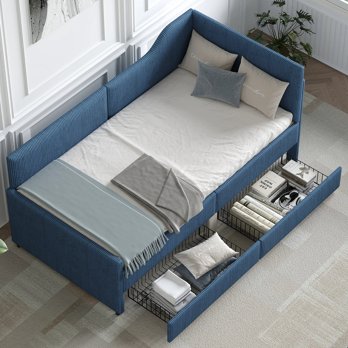 Twin L-Shaped Upholstered Corduroy Daybed With Drawers - Omega Lifestyles