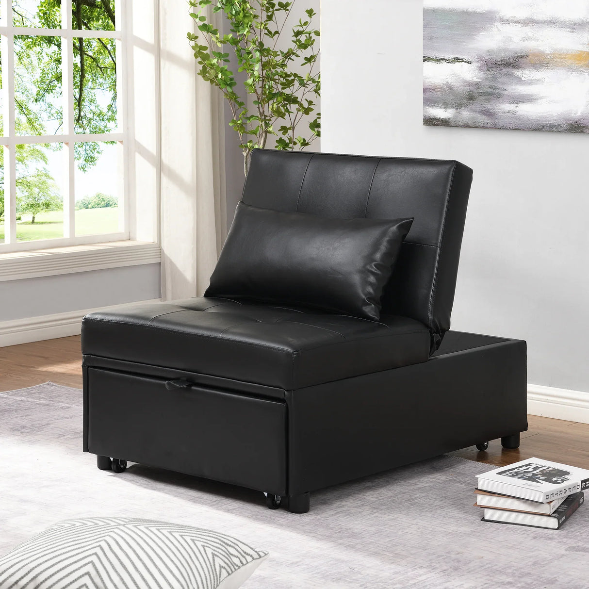Black Leather Folding Multifunctional Space-Saving Ottoman Sofa Bed - Omega Lifestyles