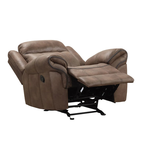 Transitional Brown Leatherette Glider Recliner With Pillow Arms - Omega Lifestyles