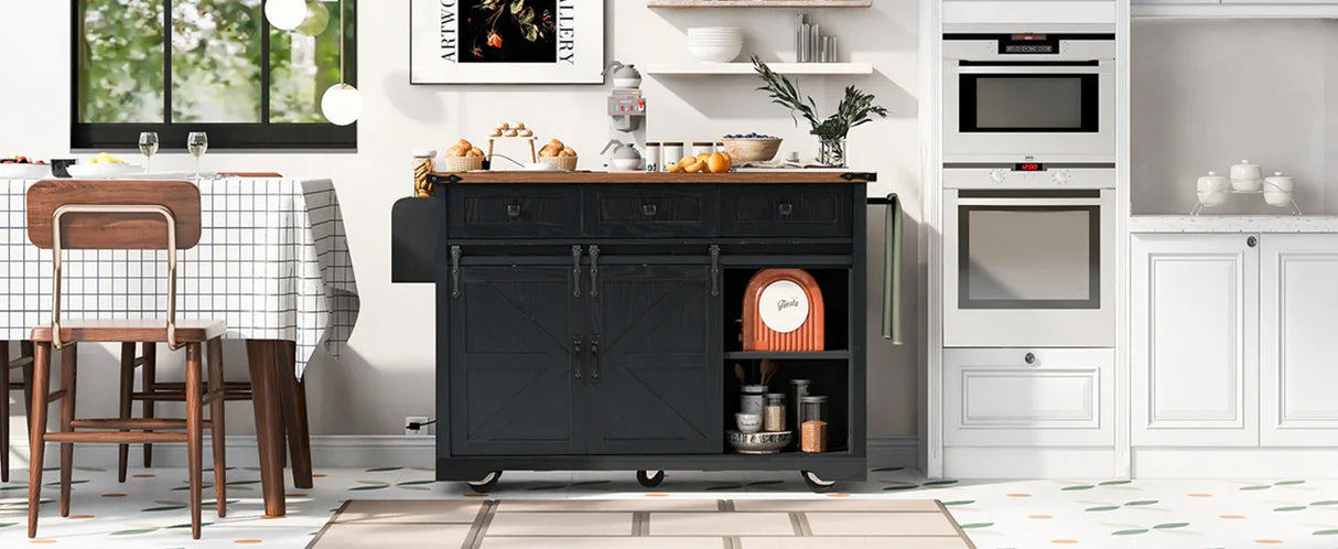 Farmhouse Kitchen Island Rolling Cart With Power Outlet - Omega Lifestyles