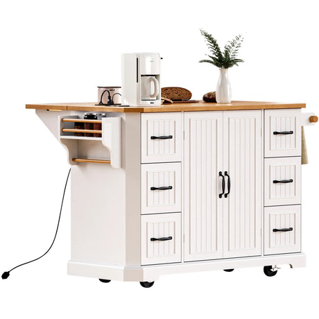 Rustic White Rubber Wood Rolling Kitchen Island Cart - Omega Lifestyles