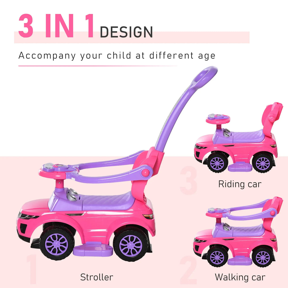 3-in-1 Toddler Ride On Push Car Stroller Toy Pink - Omega Lifestyles