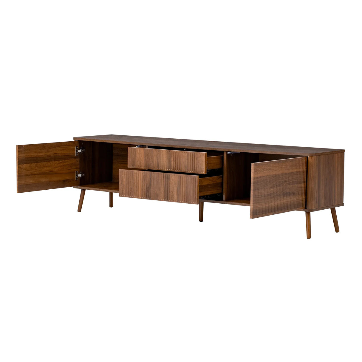 70-Inch Walnut Fluted Modern TV Stand With Storage - Omega Lifestyles