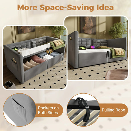 Twin Gray Velvet Upholstered Hydraulic Storage Daybed With USB Charging - Omega Lifestyles