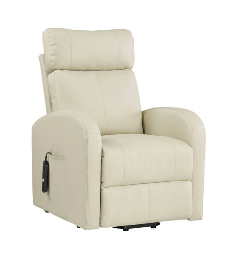 Beige Faux Leather Power Lift Recliner With Pocket Coil Seat - Omega Lifestyles