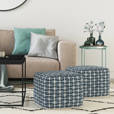 Hand Woven Blue White Fabric Square Pouf Stool - Omega Lifestyles