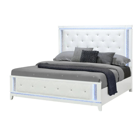King Contemporary White Tufted Panel Bed Frame With LED Lights - Omega Lifestyles