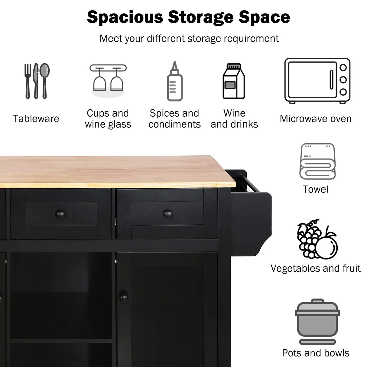 Kitchen Cart With Rubber Wood Drop-Leaf Countertop Storage - Omega Lifestyles
