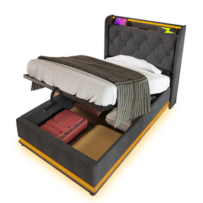 Twin Upholstered Linen Storage Bed With LED Lighting - Omega Lifestyles