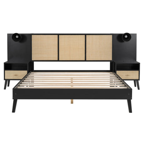 Queen Solid Wood Platform Bed Frame With Nightstands And Lamps - Omega Lifestyles