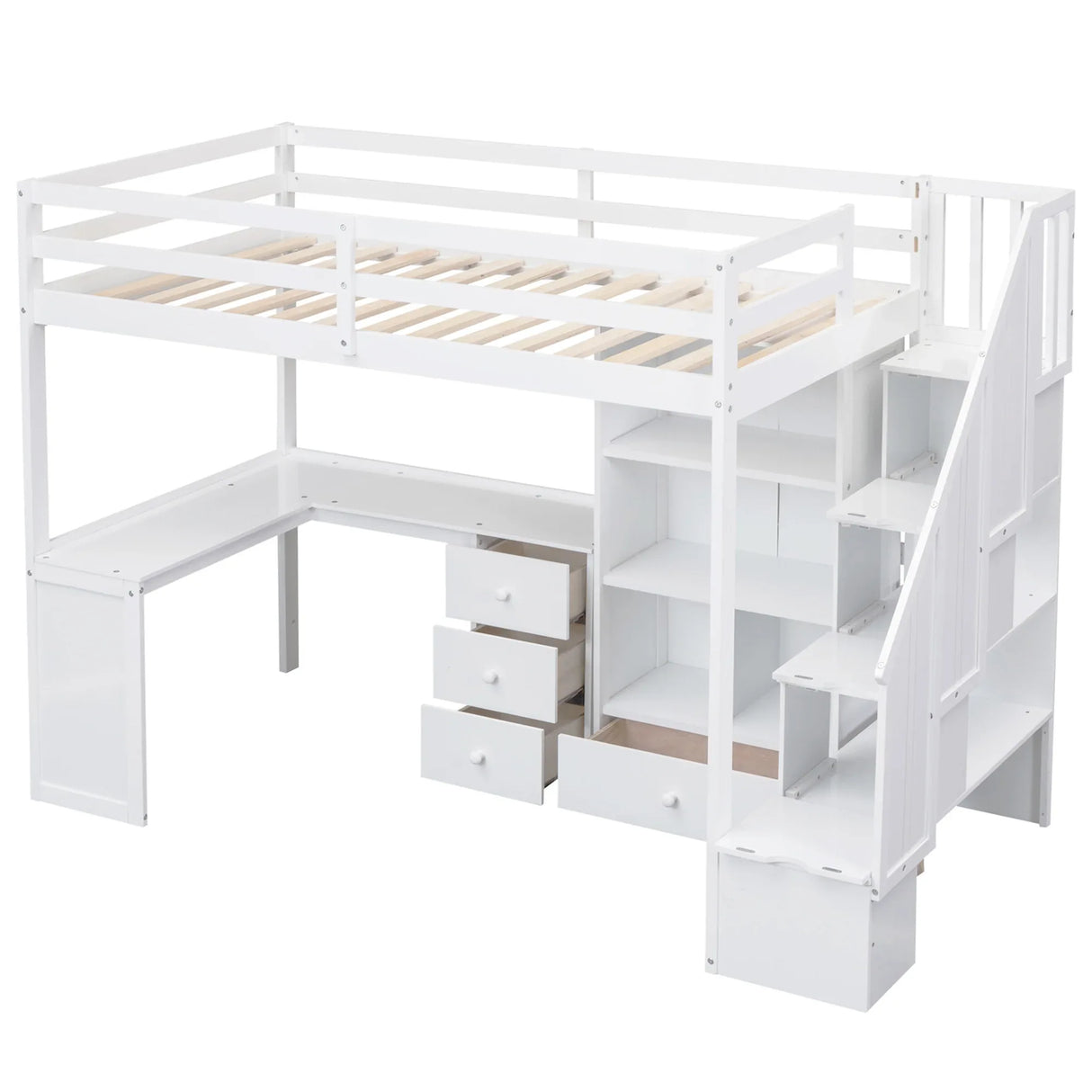 Twin Loft Bed With L-Shaped Desk Drawers Cabinet Staircase - Omega Lifestyles