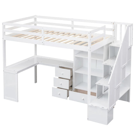 Twin Loft Bed With L-Shaped Desk Drawers Cabinet Staircase - Omega Lifestyles