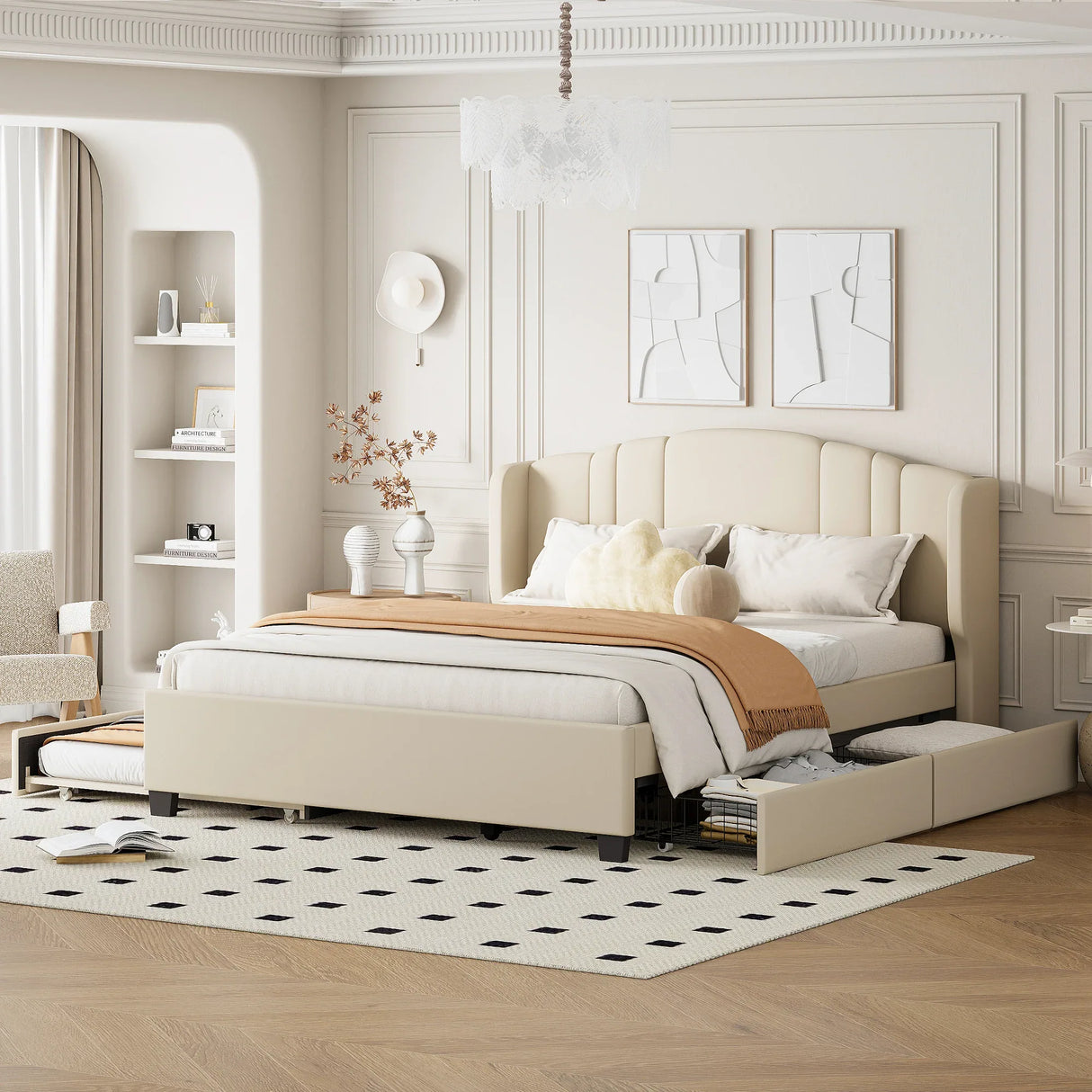 Queen Upholstered Platform Bed With Wingback Headboard Trundle - Omega Lifestyles