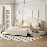 Queen Upholstered Platform Bed With Wingback Headboard Trundle - Omega Lifestyles