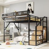 Queen Metal Loft Bed With Stairs Storage Shelves